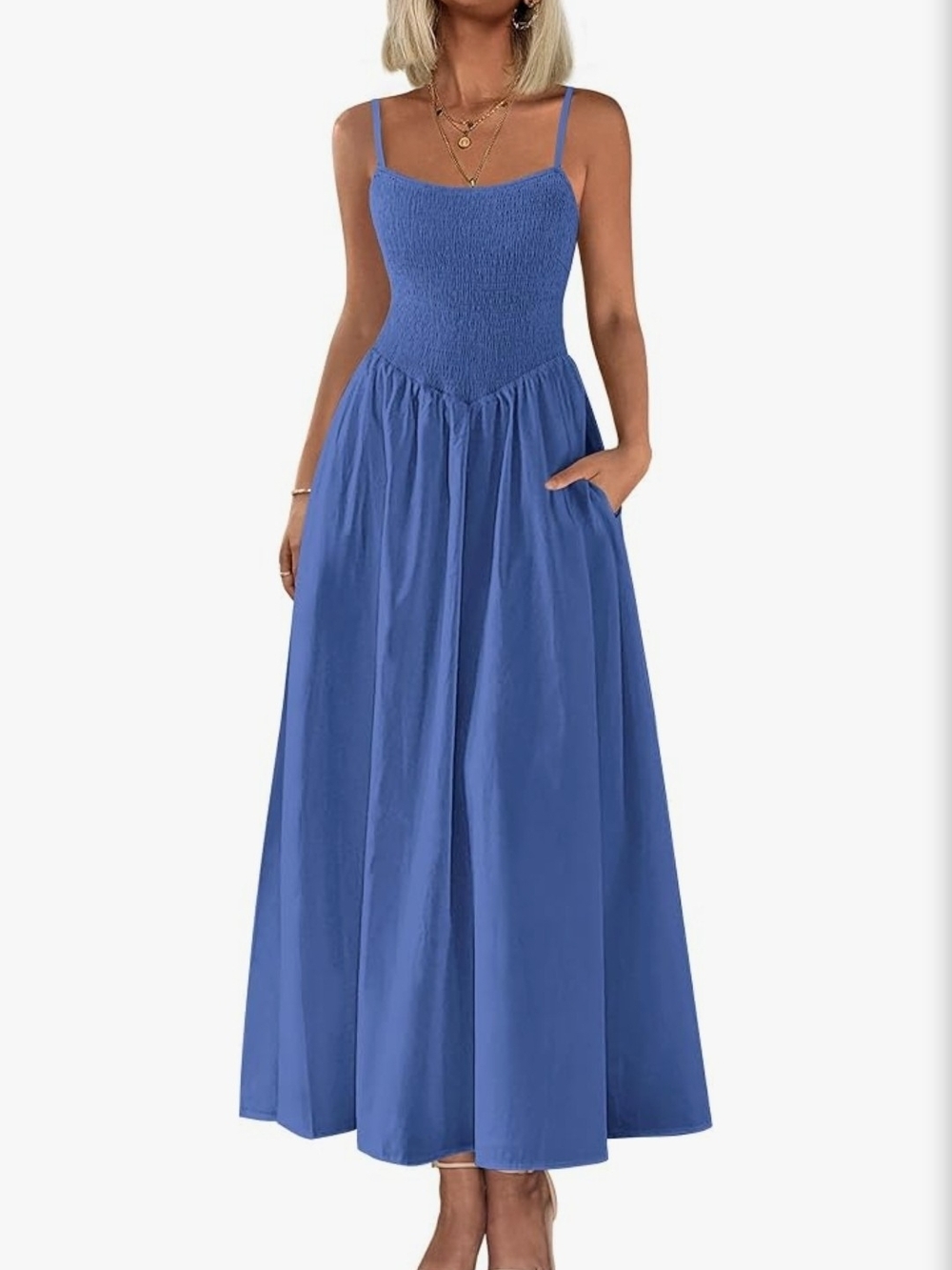 Smocked Bodice Blue Maxi Dress with Pockets